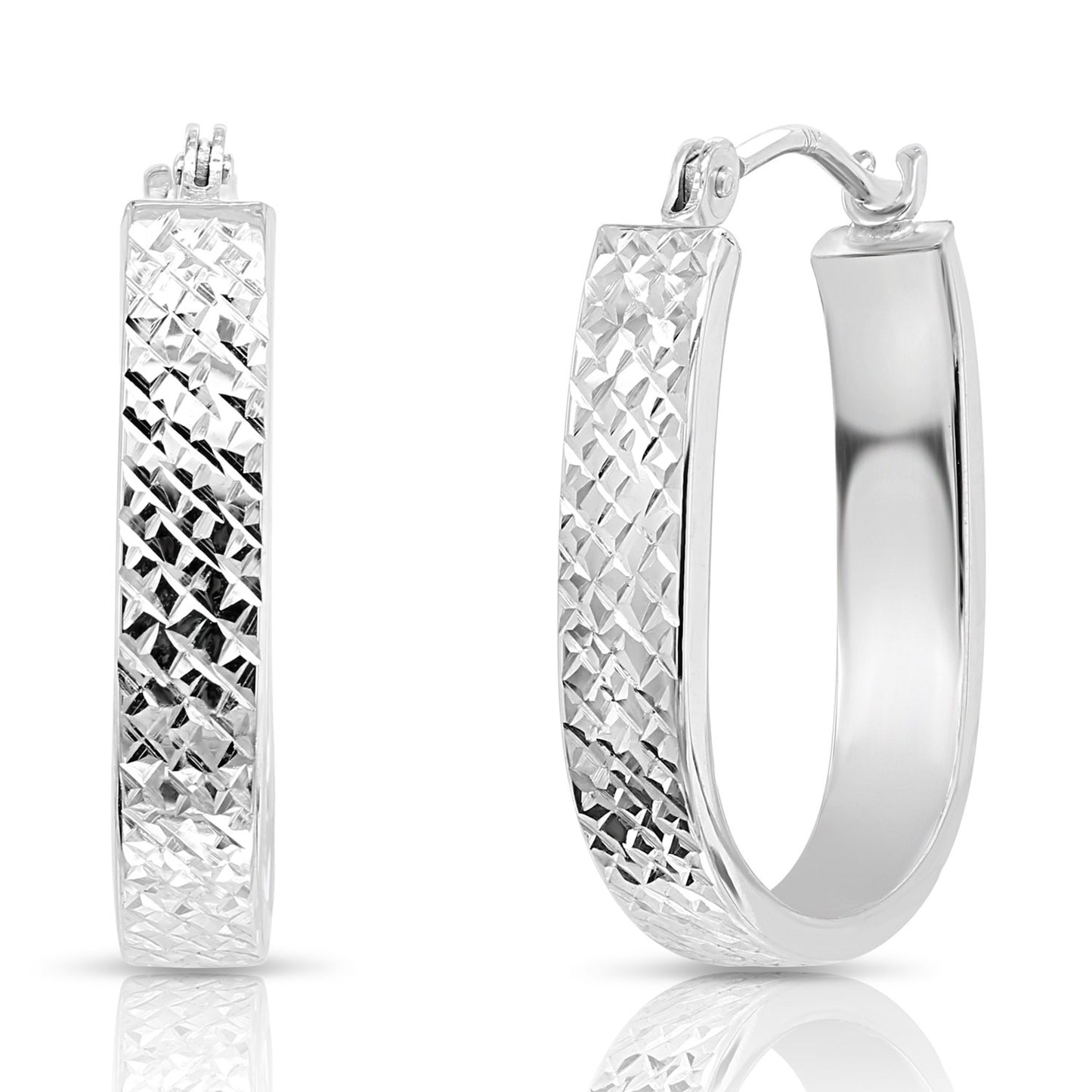 14k White Gold Diamond Cut Oval Hoop Earrings, 3 Styles
