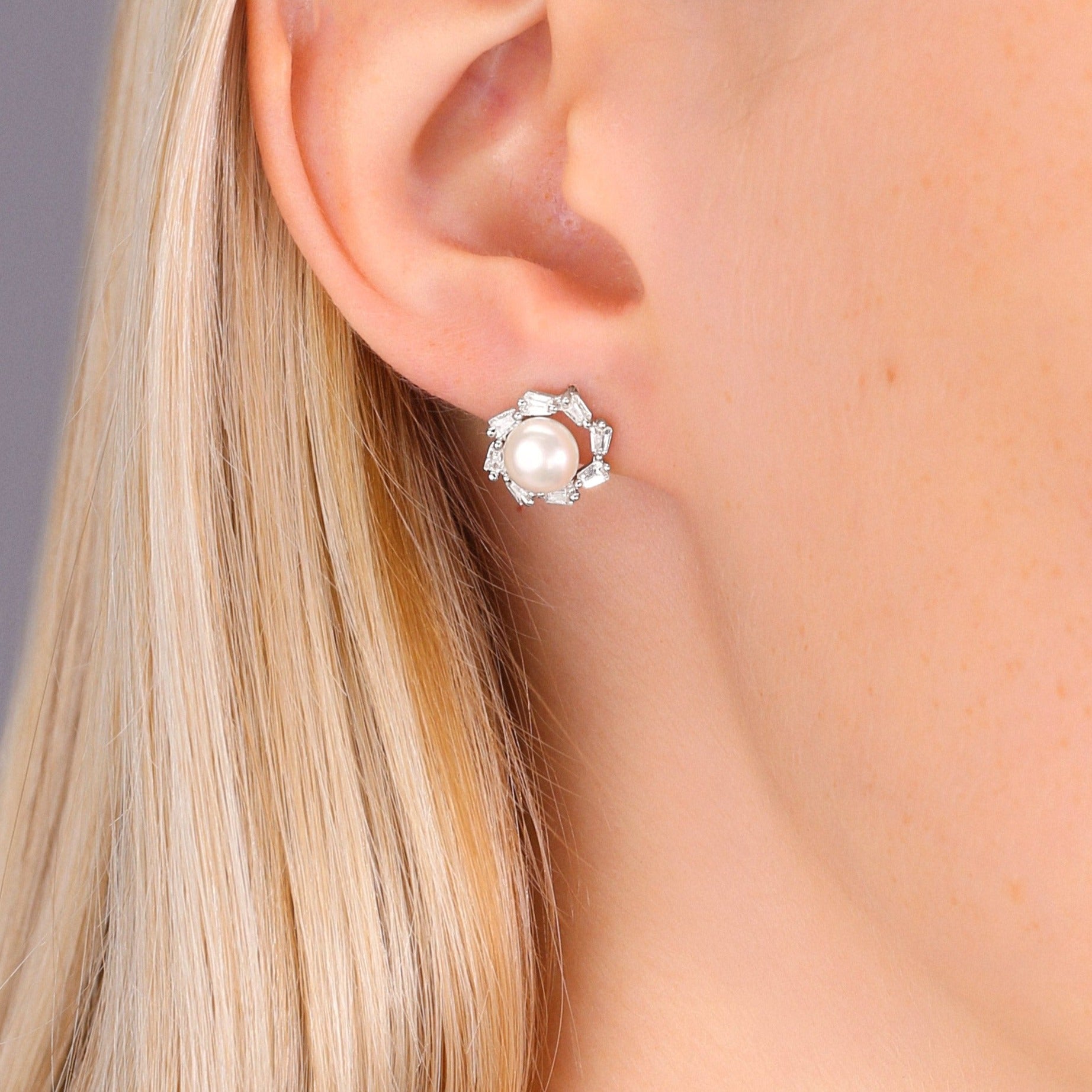 CZ Halo Pearl Stud Earrings in Sterling Silver