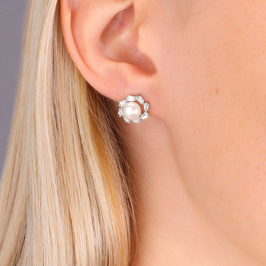 Sterling Silver Halo Pearl Stud Earrings