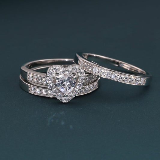 Sterling Silver Heart Engagement Ring Set, Three Tier
