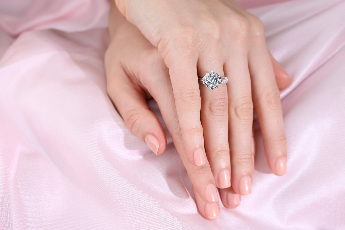 Classic Sterling Silver Flower Halo Engagement Ring