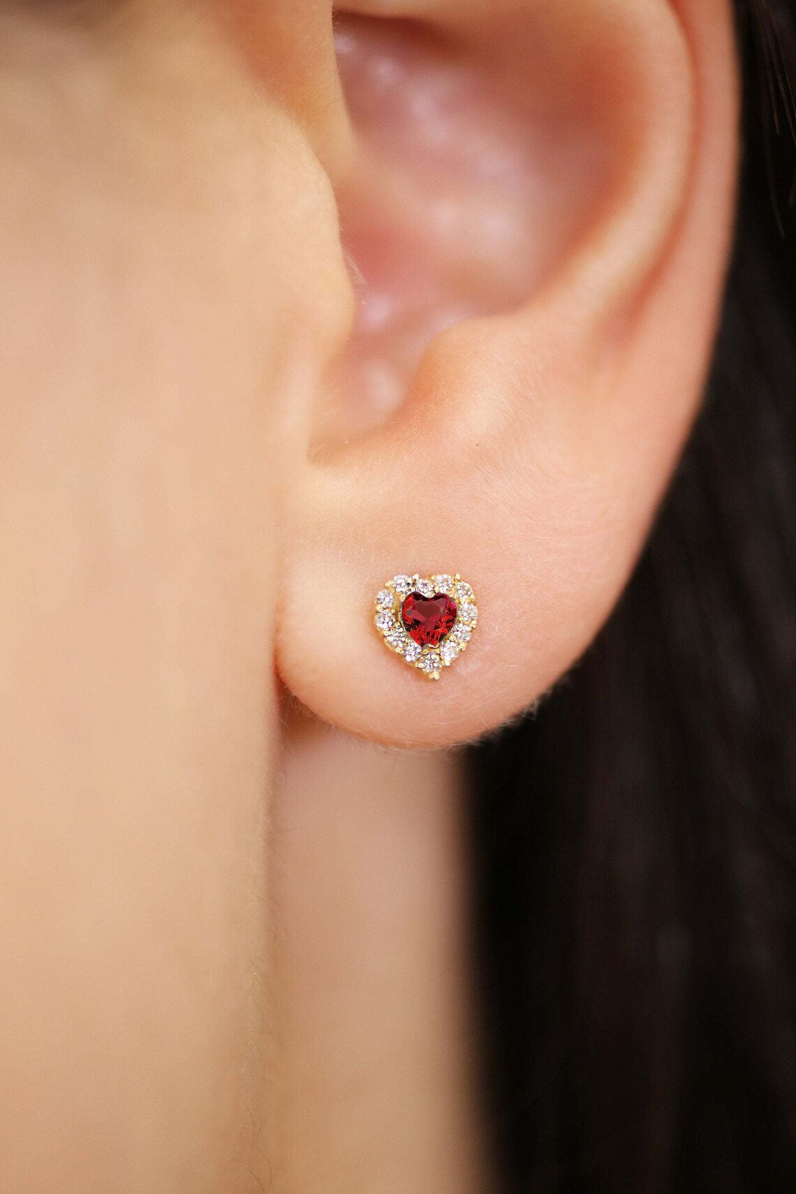 14k Yellow Gold Birthstone Halo Heart Stud Earrings