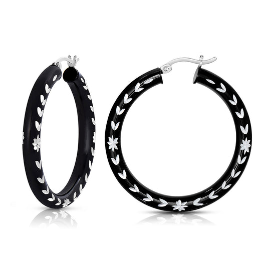 Sterling Silver Glossy Black Floral Diamond Cut Hoop Earrings