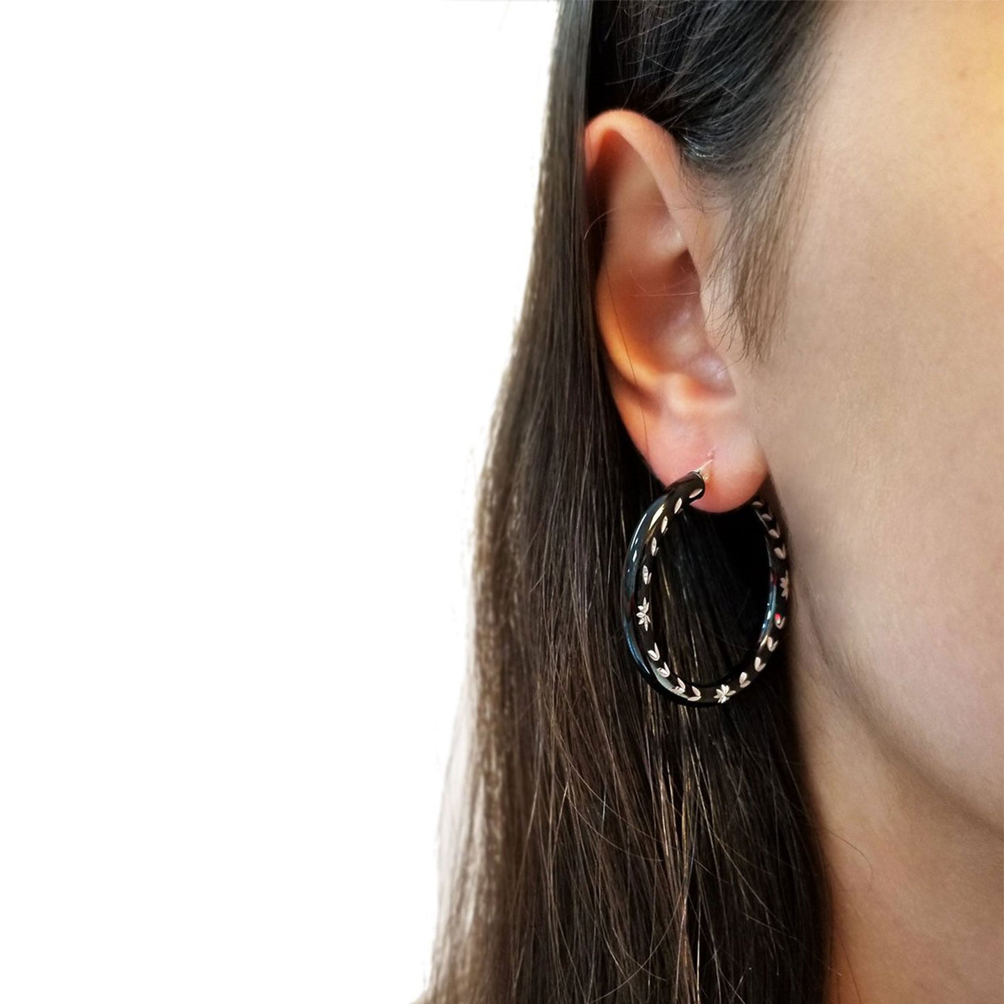 Sterling Silver Glossy Black Floral Diamond Cut Hoop Earrings