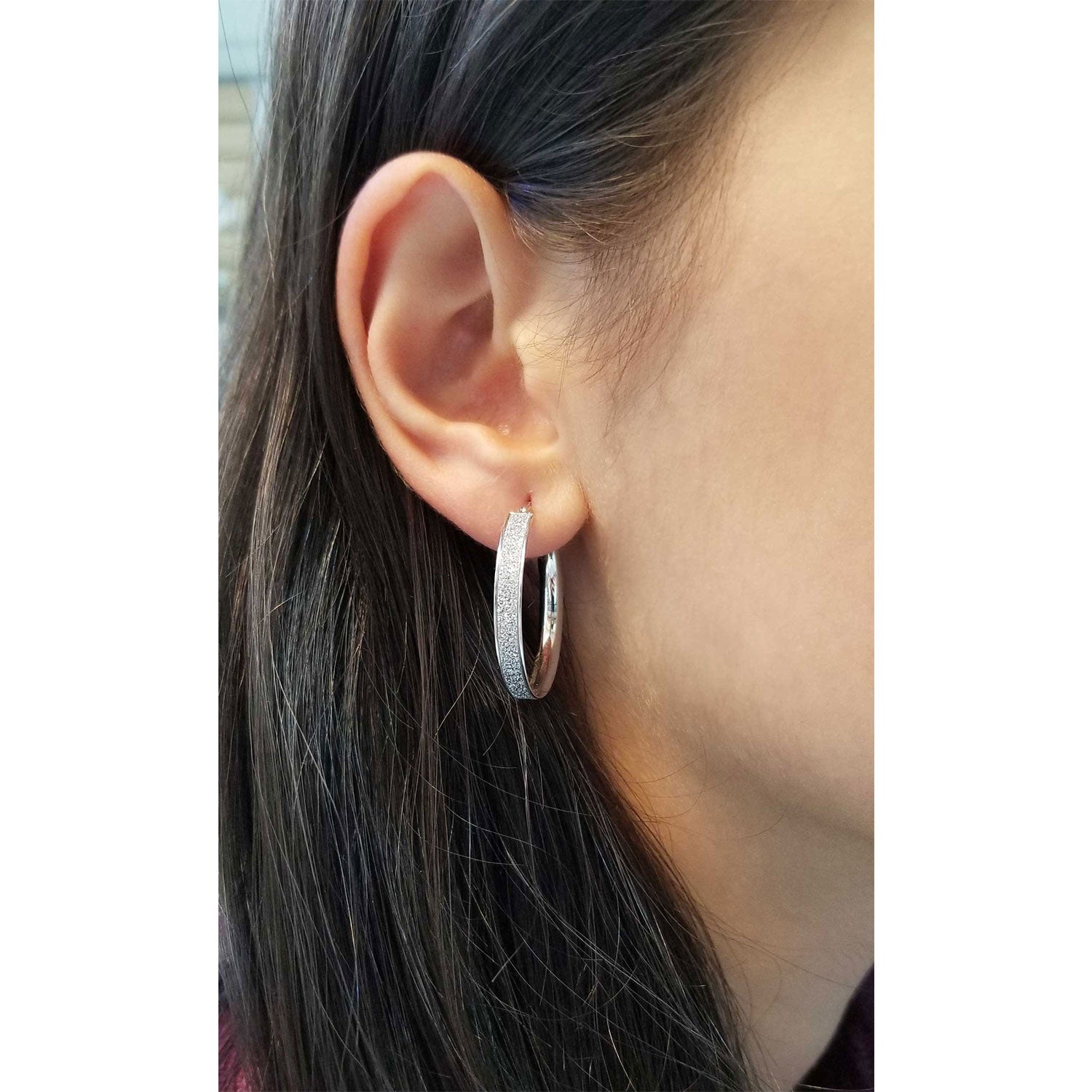 Glitter Finish Hoop Earrings in Sterling Silver