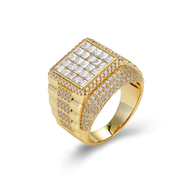 CZ Rolex-Inspired Mens Ring, Gold Plated in Sterling Silver
