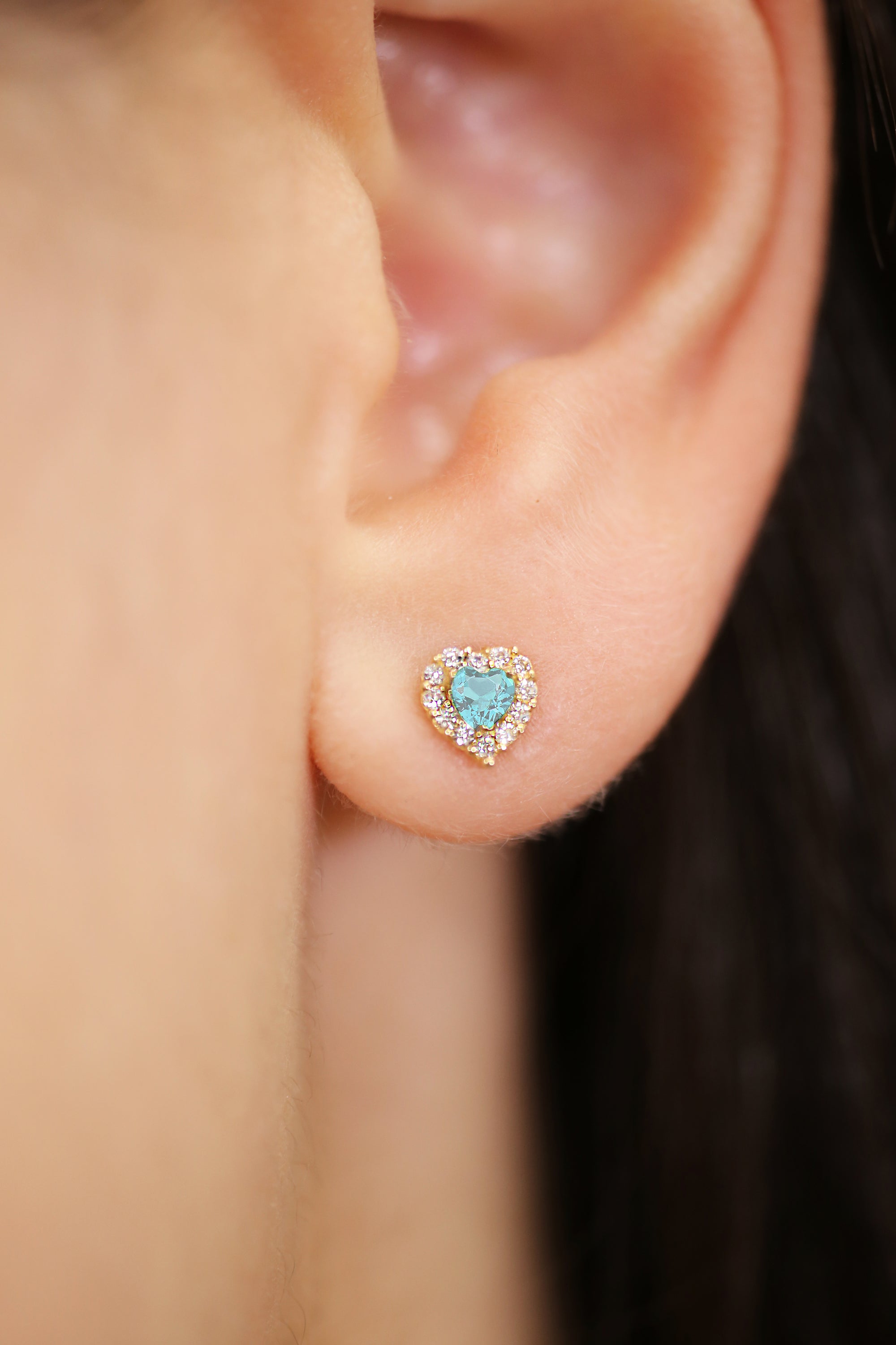 14k Yellow Gold Halo Heart Birthstone Stud Earrings, With Secure Screwbacks, Available in 12 Colors