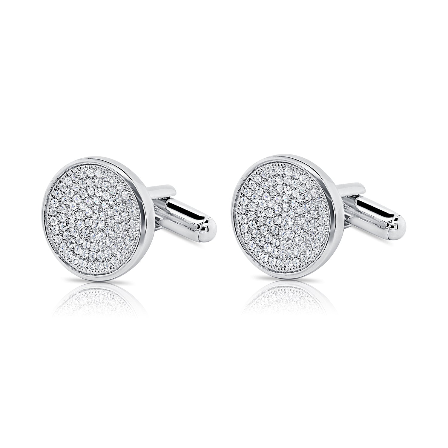Sterling Silver Round Cuff-Links with Simulated Diamonds