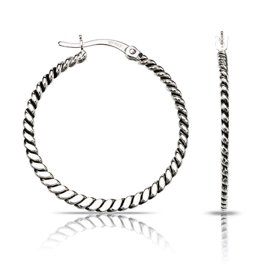 Thin Round Twist Hoops in Sterling Silver