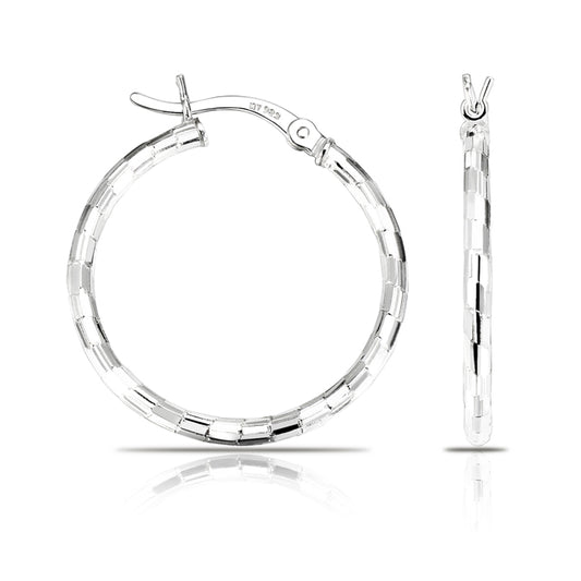 Sterling Silver Round Hoops, Diamond Cut Textured Pattern