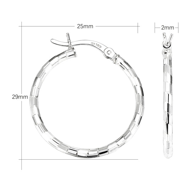 Sterling Silver Round Hoops, Diamond Cut Textured Pattern