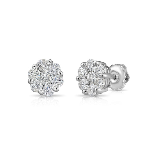 14K White Gold Diamond Cluster Stud Earring with Screw-Back, 1.00 carats