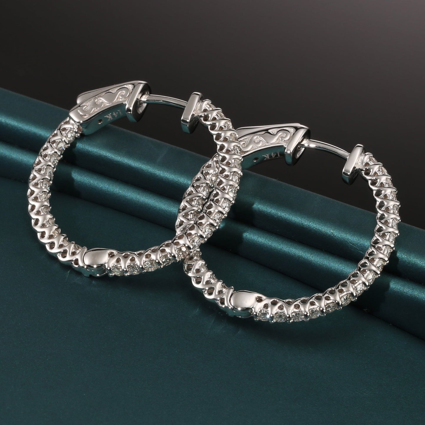 14k White Gold Diamond Hoop Earrings, 1.25 carats