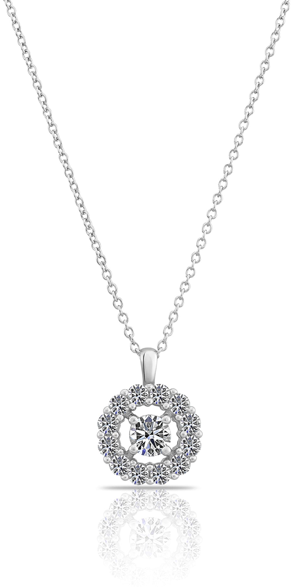 Sterling Silver Round Solitaire Halo Charm Necklace