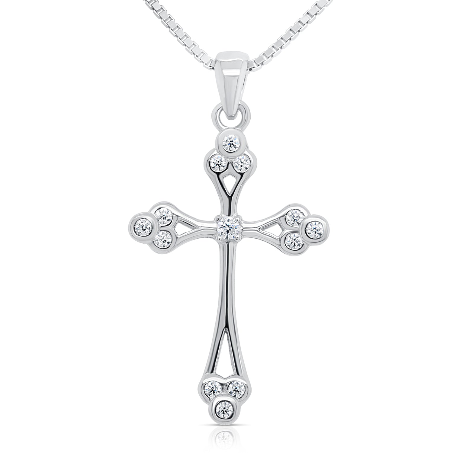 CZ Budded Cross Charm Necklace in Sterling Silver