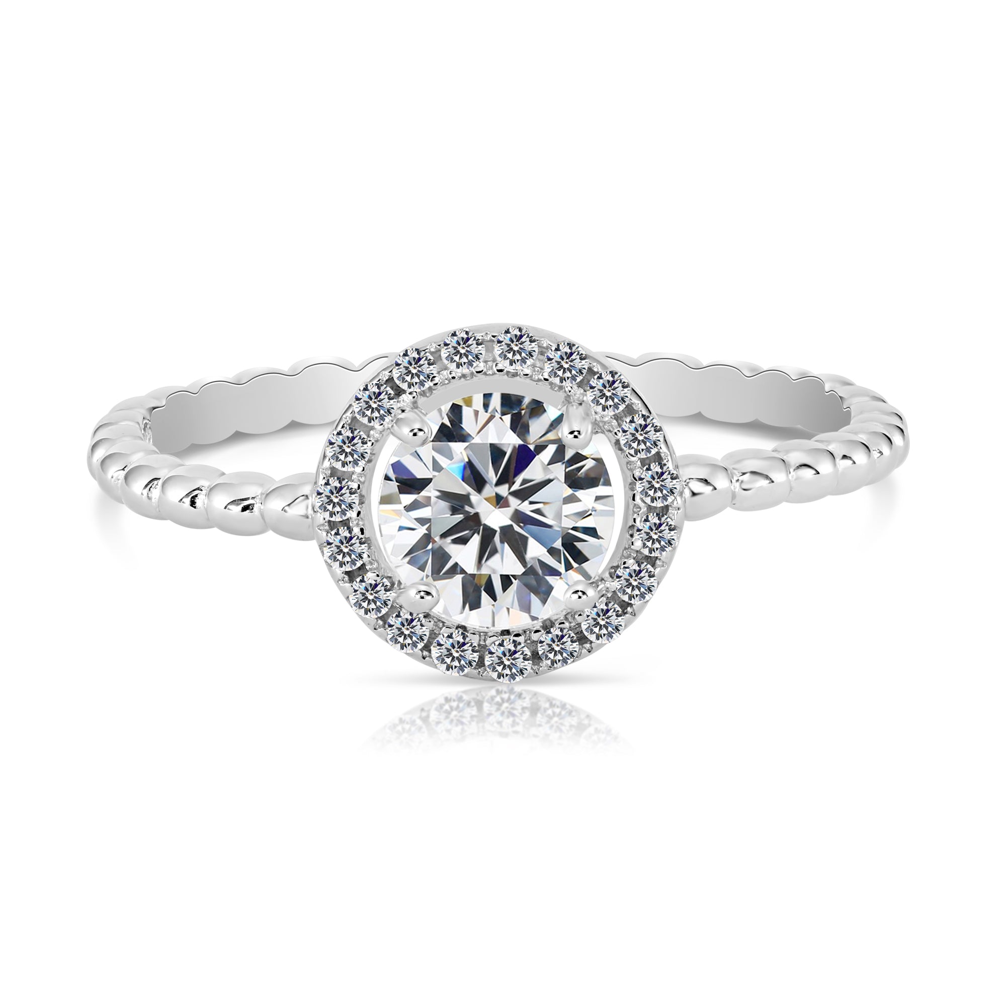 CZ Solitaire Round Halo Engagement Ring in Sterling Silver