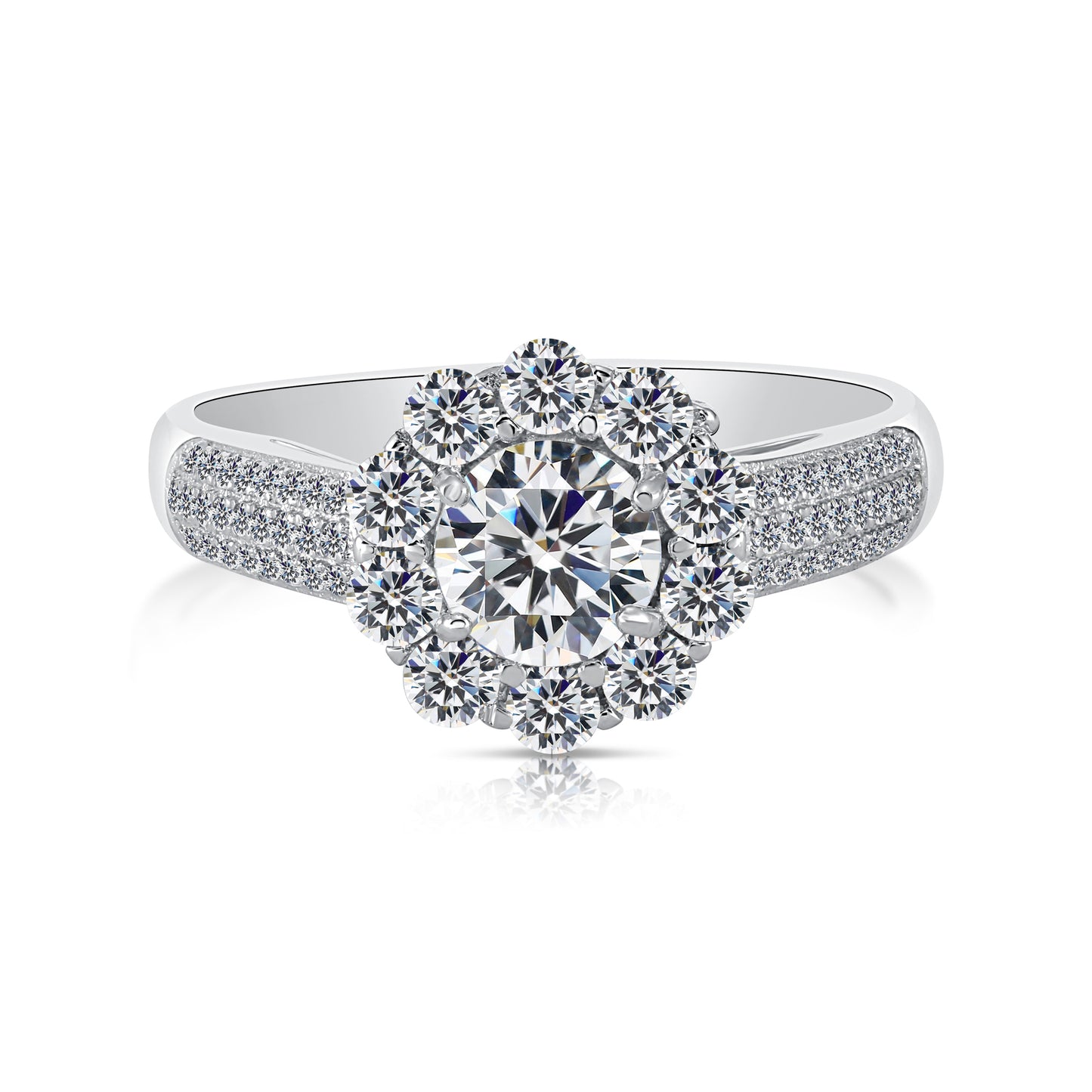 Classic Sterling Silver Flower Halo Engagement Ring