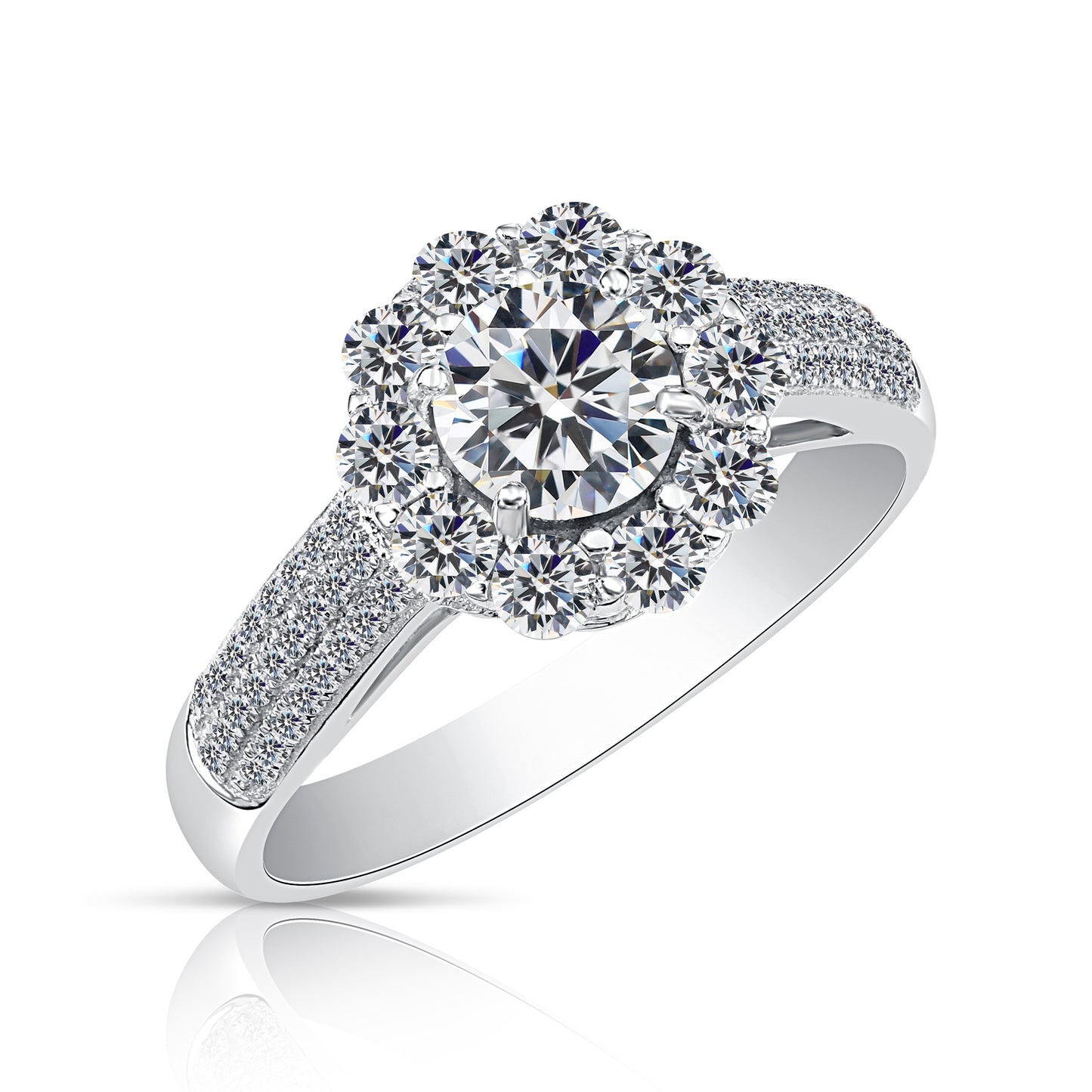 Classic Sterling Silver Flower Halo Engagement Ring