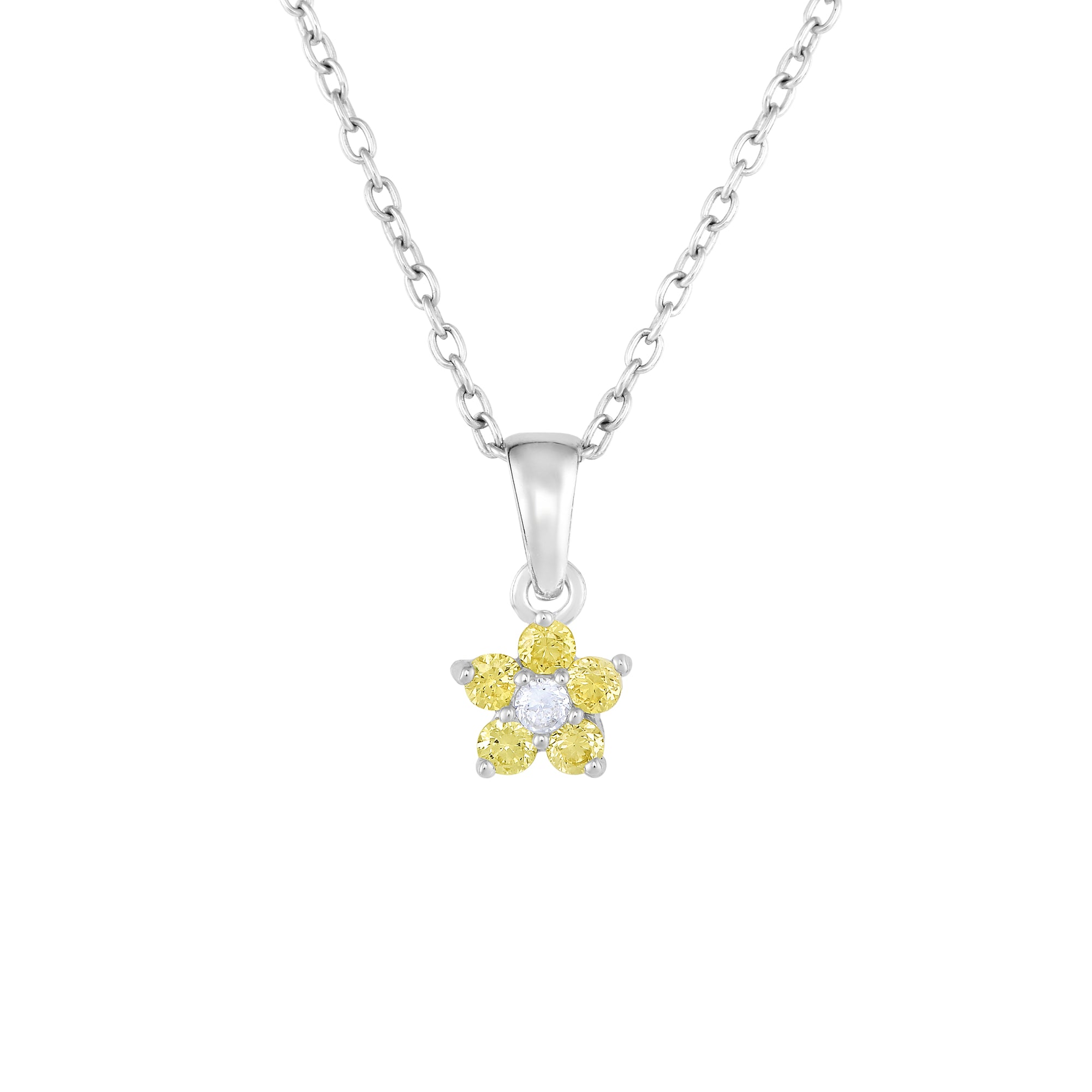 CZ Small Birthstone Flower Charm Necklace in Sterling Silver