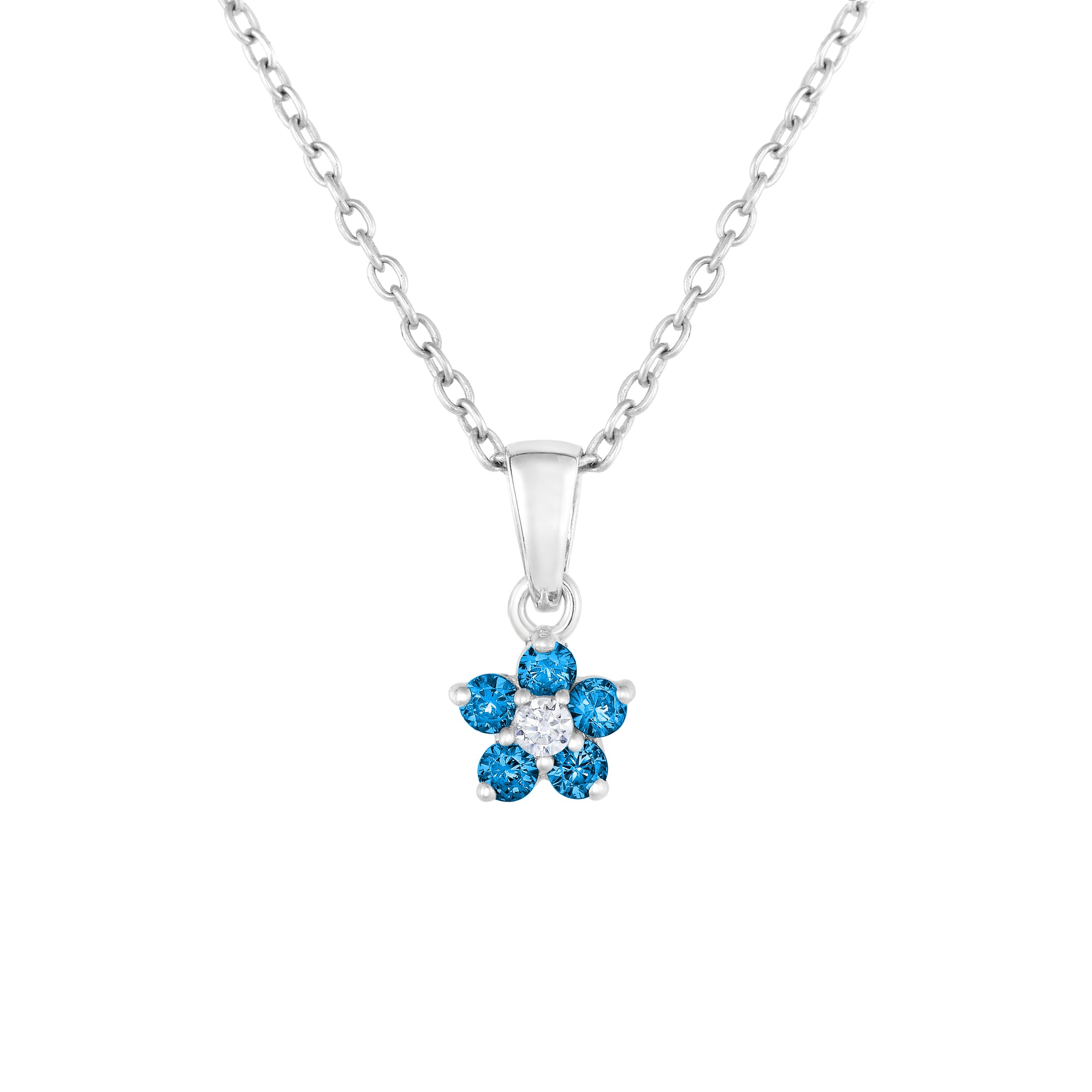 CZ Small Birthstone Flower Charm Necklace in Sterling Silver