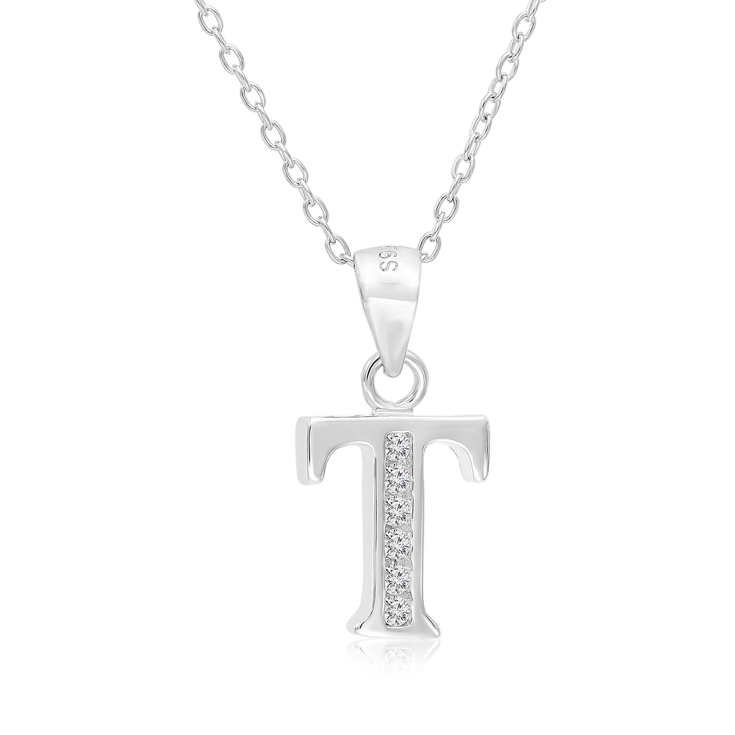 CZ Initial Charm Necklace, All Letters in Sterling Silver