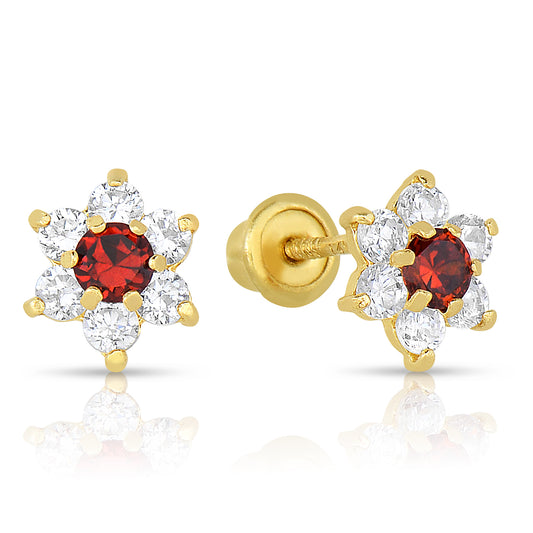 14K Yellow Gold Birthstone Halo Flower Stud Earrings