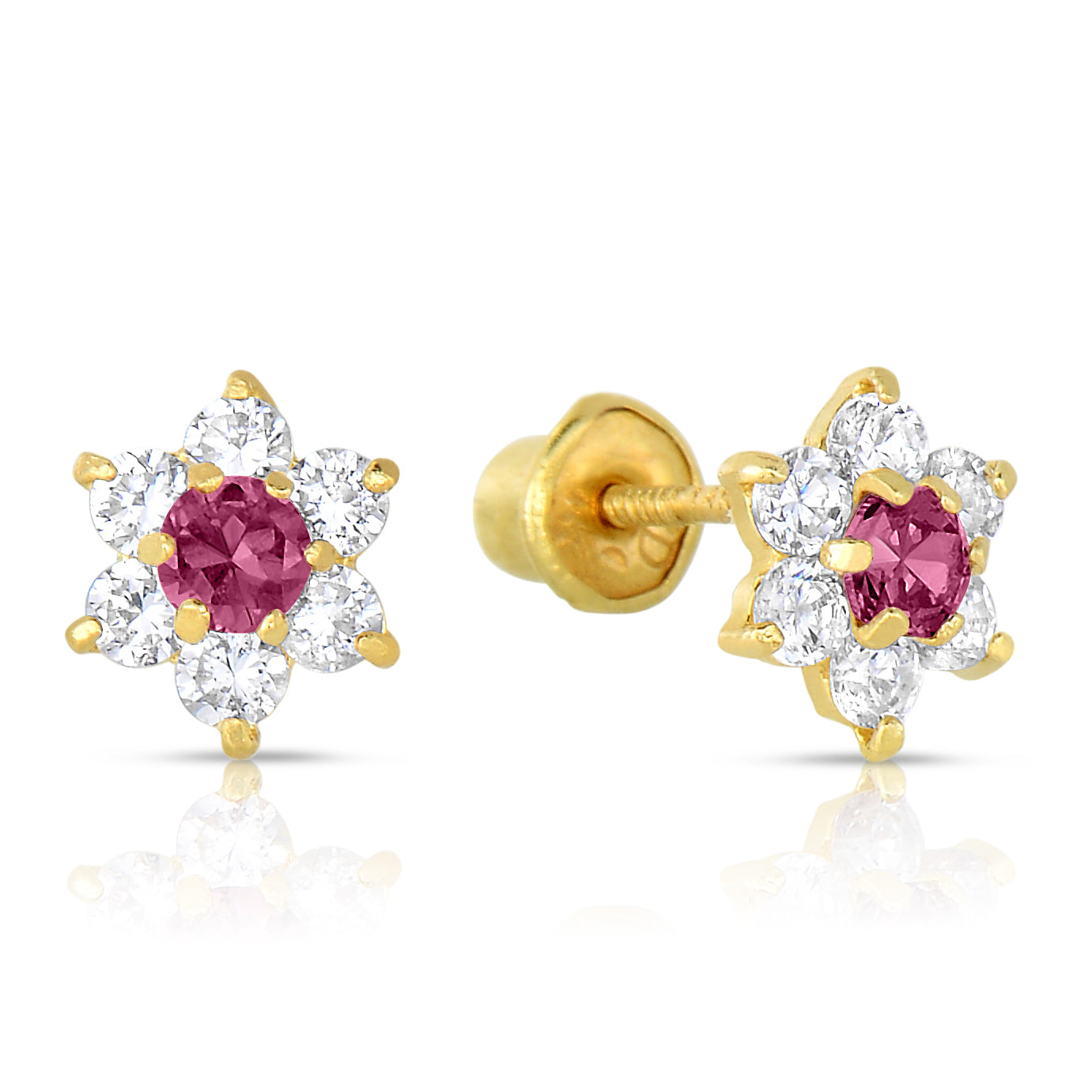 14K Yellow Gold Birthstone Halo Flower Stud Earrings, Available in 12 Colors