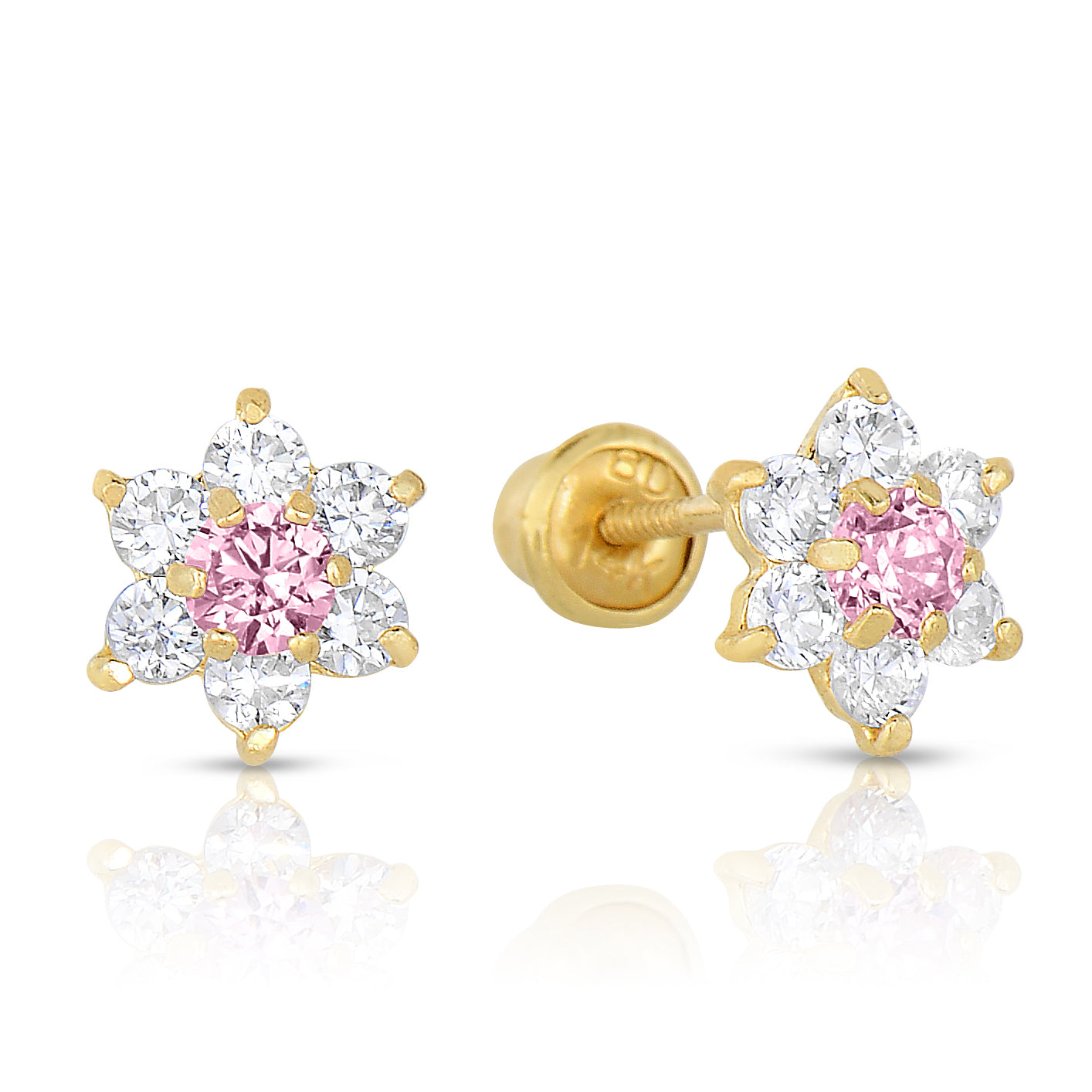 14K Yellow Gold Birthstone Halo Flower Stud Earrings, Available in 12 Colors