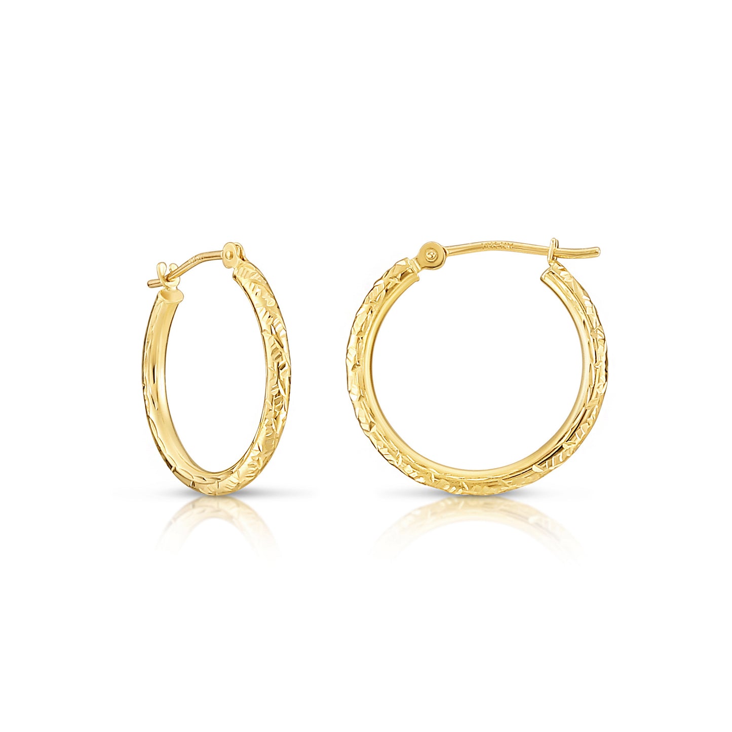14K Yellow Gold Hoop Earrings with Hand Engraved Tornado Design