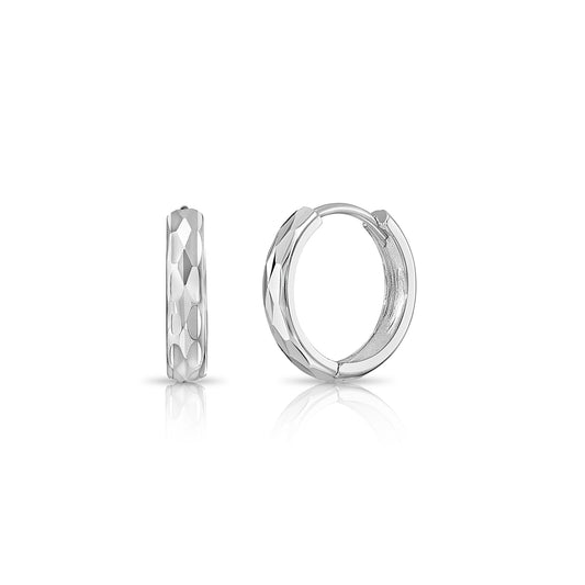 14K White Gold Diamond Cut Huggie Hoop Earrings