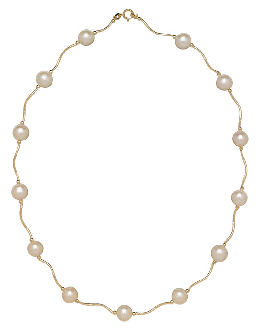 14K Gold Freshwater Pearls Station Engraved Necklace