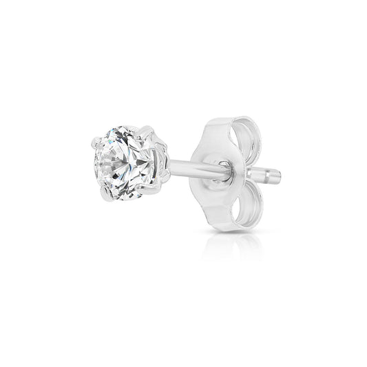 14k White Gold Classic Solitaire Stud, Single Earring, Pushback (Unisex)