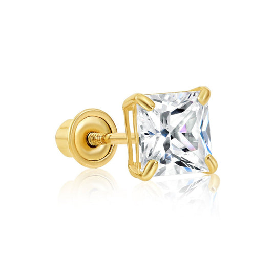 14k Yellow Gold Square Zirconia Stud, Single Earring, Screwback