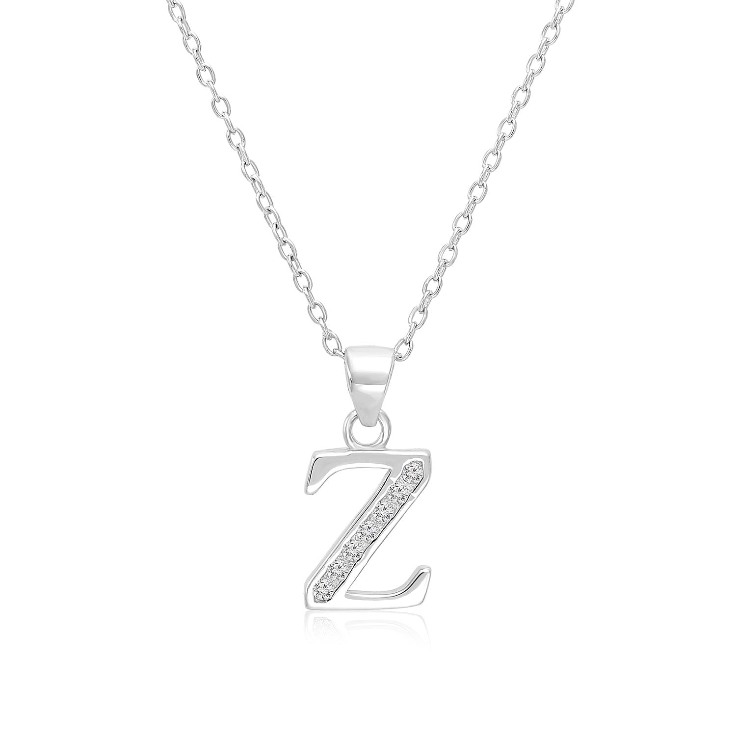 CZ Initial Charm Necklace, All Letters in Sterling Silver