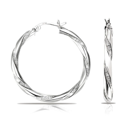 Twisted Glitter Round Hoop Earrings in 925 Sterling Silver