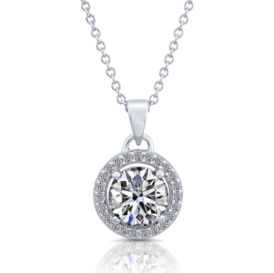 Sterling Silver Solitaire and Halo Necklace with Simulated Diamond CZ