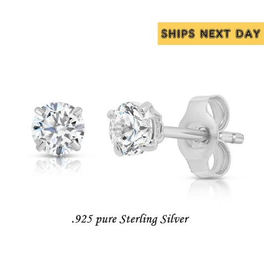 Pure Sterling Silver Solitaire Stud Earrings