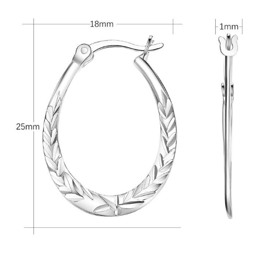 Floral Diamond-cut Oval Hoop Earrings in 925 Sterling Silver