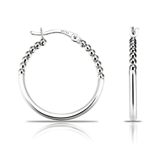 Half Beaded Round Hoop Earrings in 925 Sterling Silver