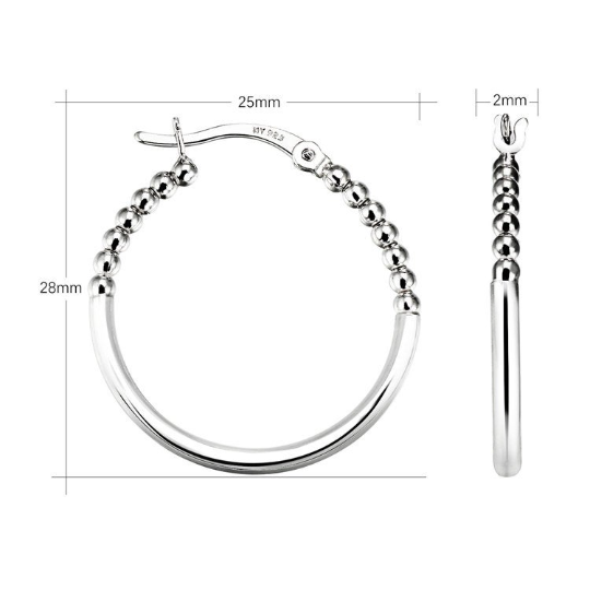 Half Beaded Round Hoop Earrings in 925 Sterling Silver