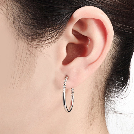 Half Beaded Round Hoop Earrings in 925 Sterling Silver