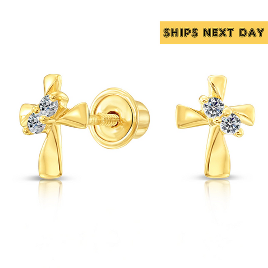 10k Yellow Gold Tiny Cute Cross Stud Earrings