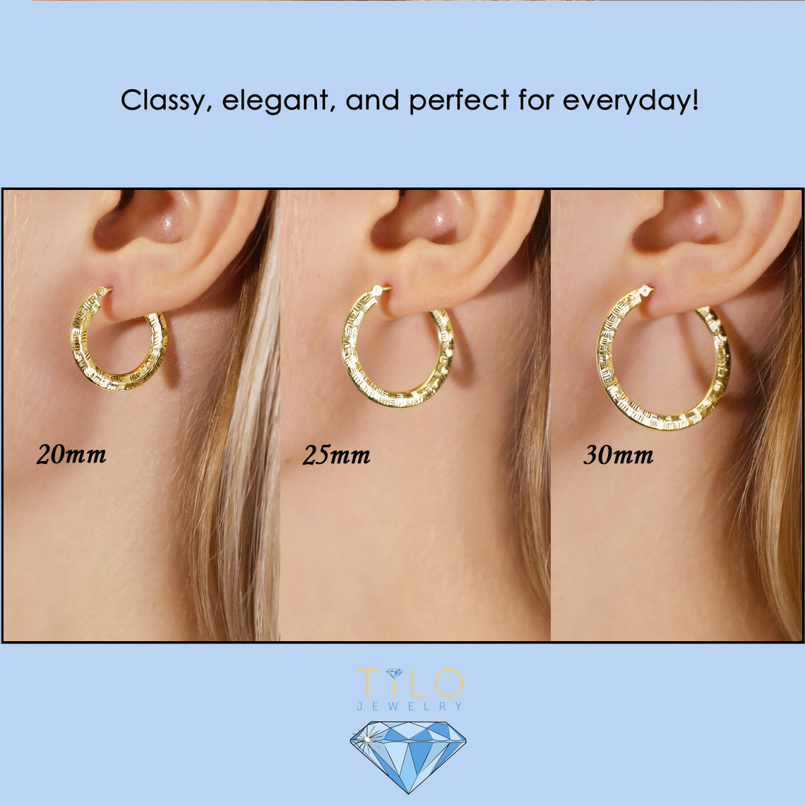 14K Yellow Gold Checkered Hand Engraving Hoop Earrings - 1 inch 30mm (1.2 inch)