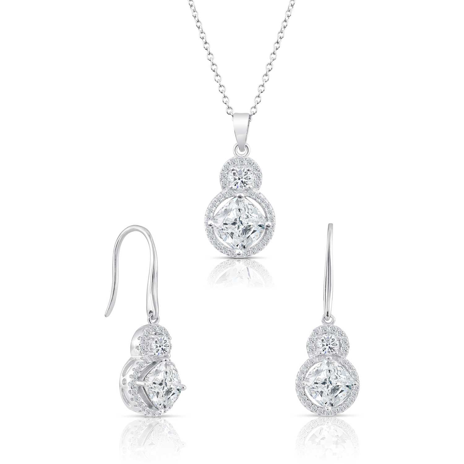 CZ Royal Charm Necklace and Earrings Set, Bridal Wedding Jewelry in Sterling Silver