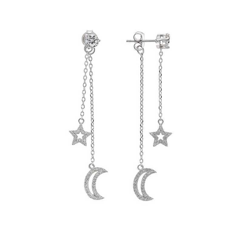 CZ Star and Moon Dangle Earrings in Sterling Silver