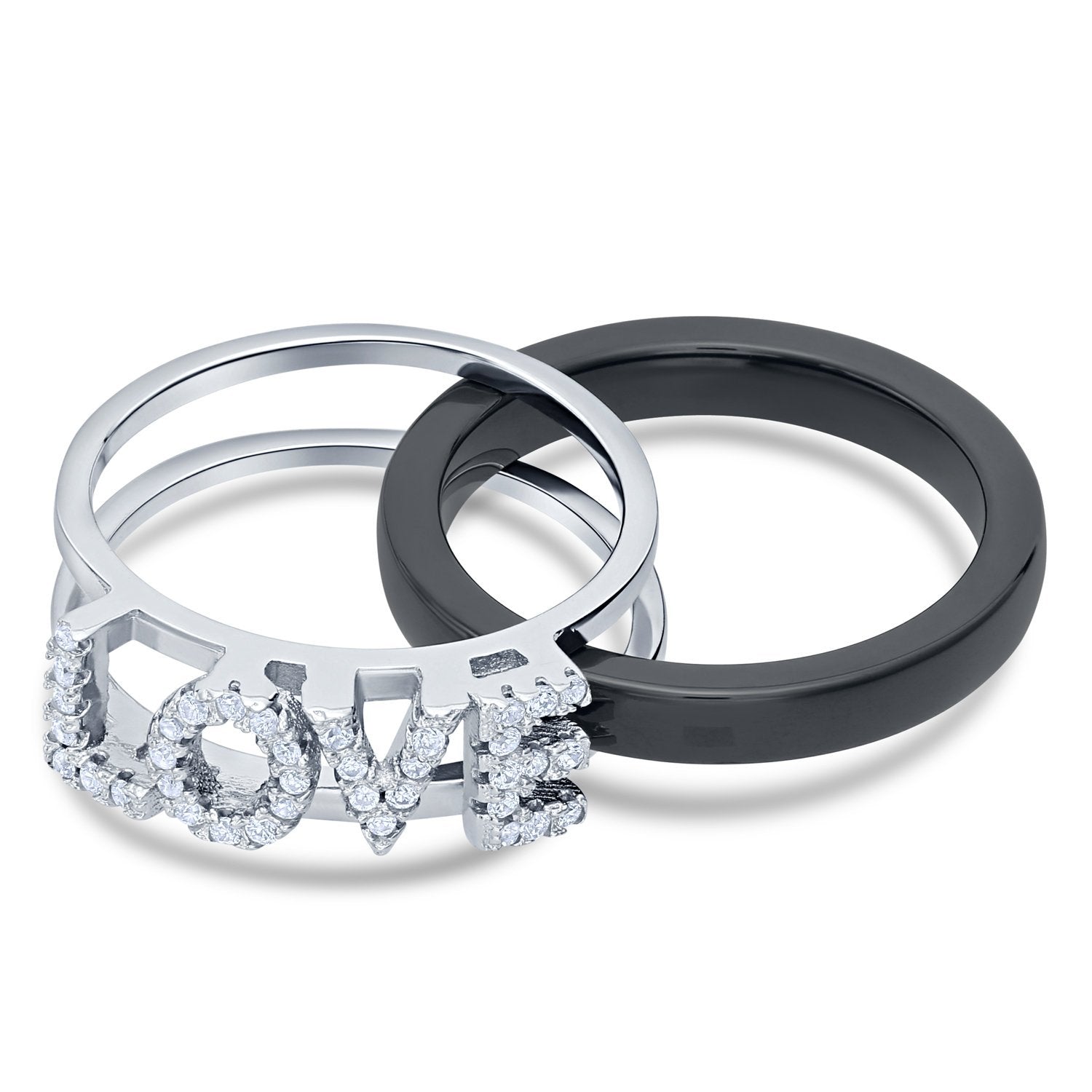CZ Double LOVE Ring, 2 Rings in 1 in Sterling Silver