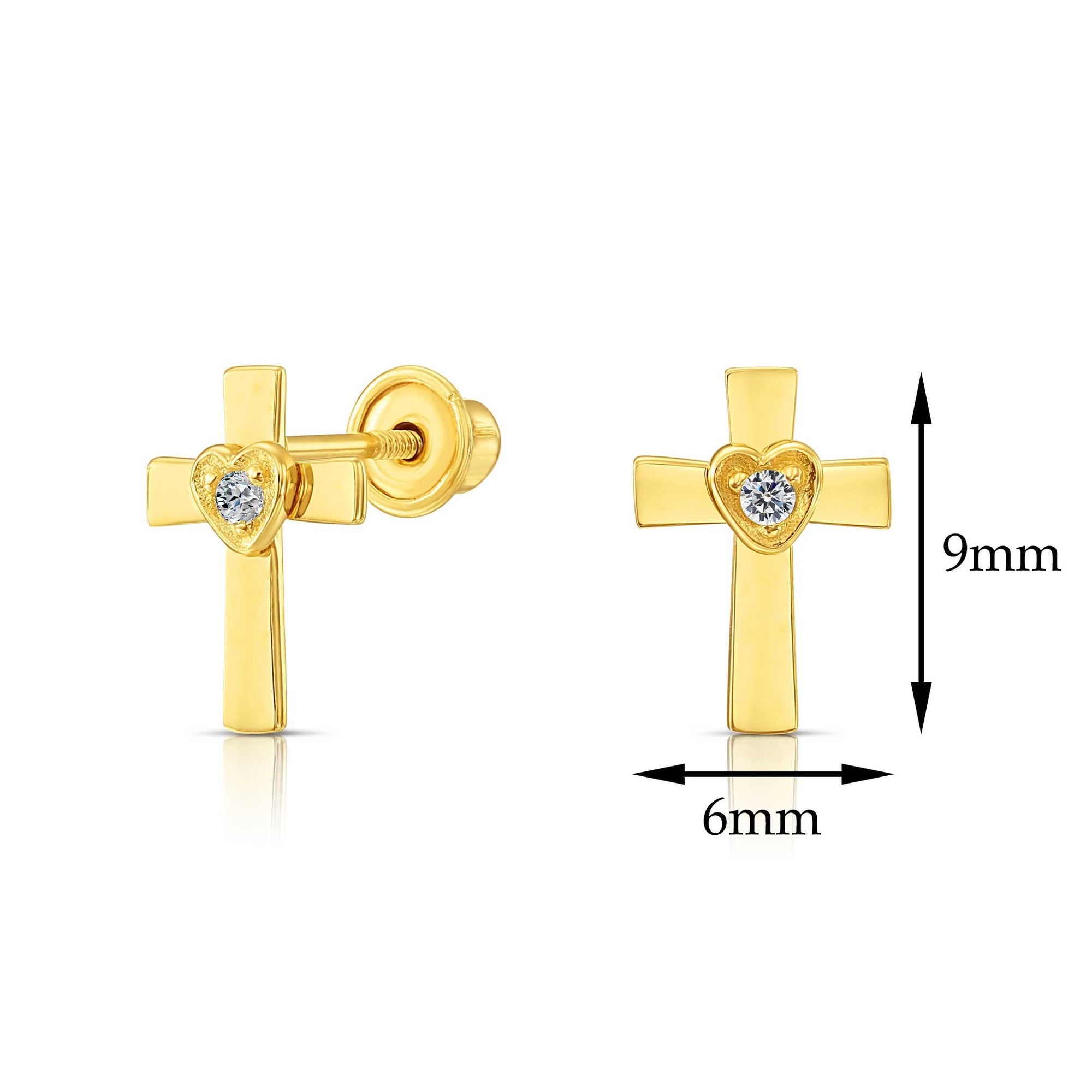 10k Yellow Gold Cross &amp; Heart Stud Earrings with Center Stone