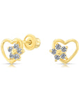 10K Yellow Gold Heart and Flower Stud Earrings