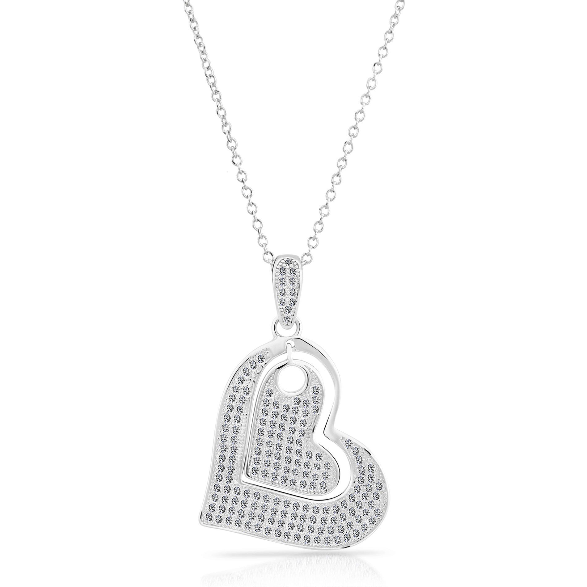 CZ Double Dangling Heart Charm Necklace in Sterling Silver