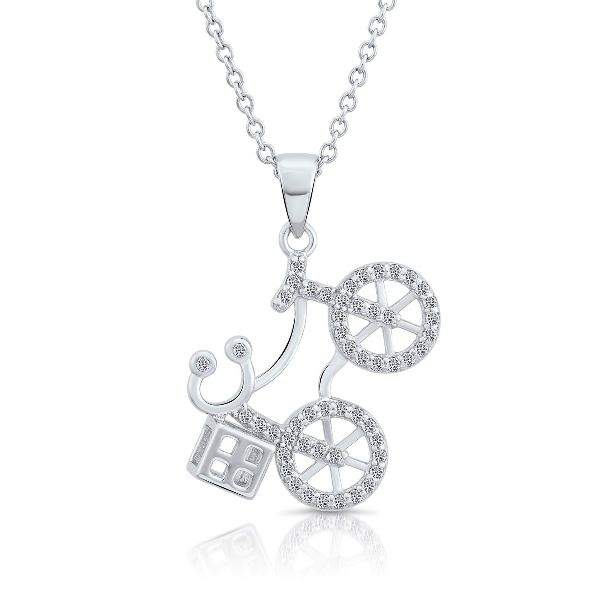 CZ Bicycle Charm Necklace in Sterling Silver